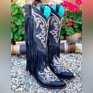 Black Leather Fringe Corral Boots